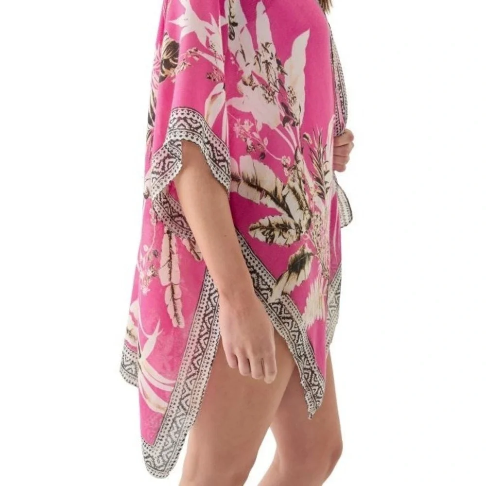 Vince Camuto Women's Tropical Blooms & Border Open Front Topper OSFM in Pink Mul - Picture 2 of 8